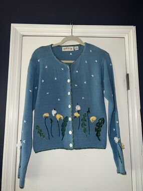 Orvis Blue Cardigan with Floral Appliqué and Embroidery